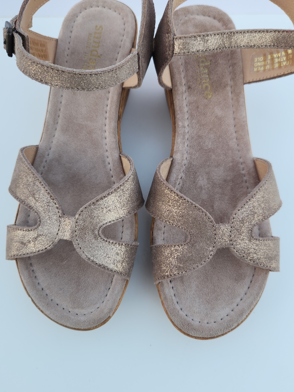 Sundance Metallic Taupe Ankle Strap Suede Leather Cork Wedge - Picture 9 of 13